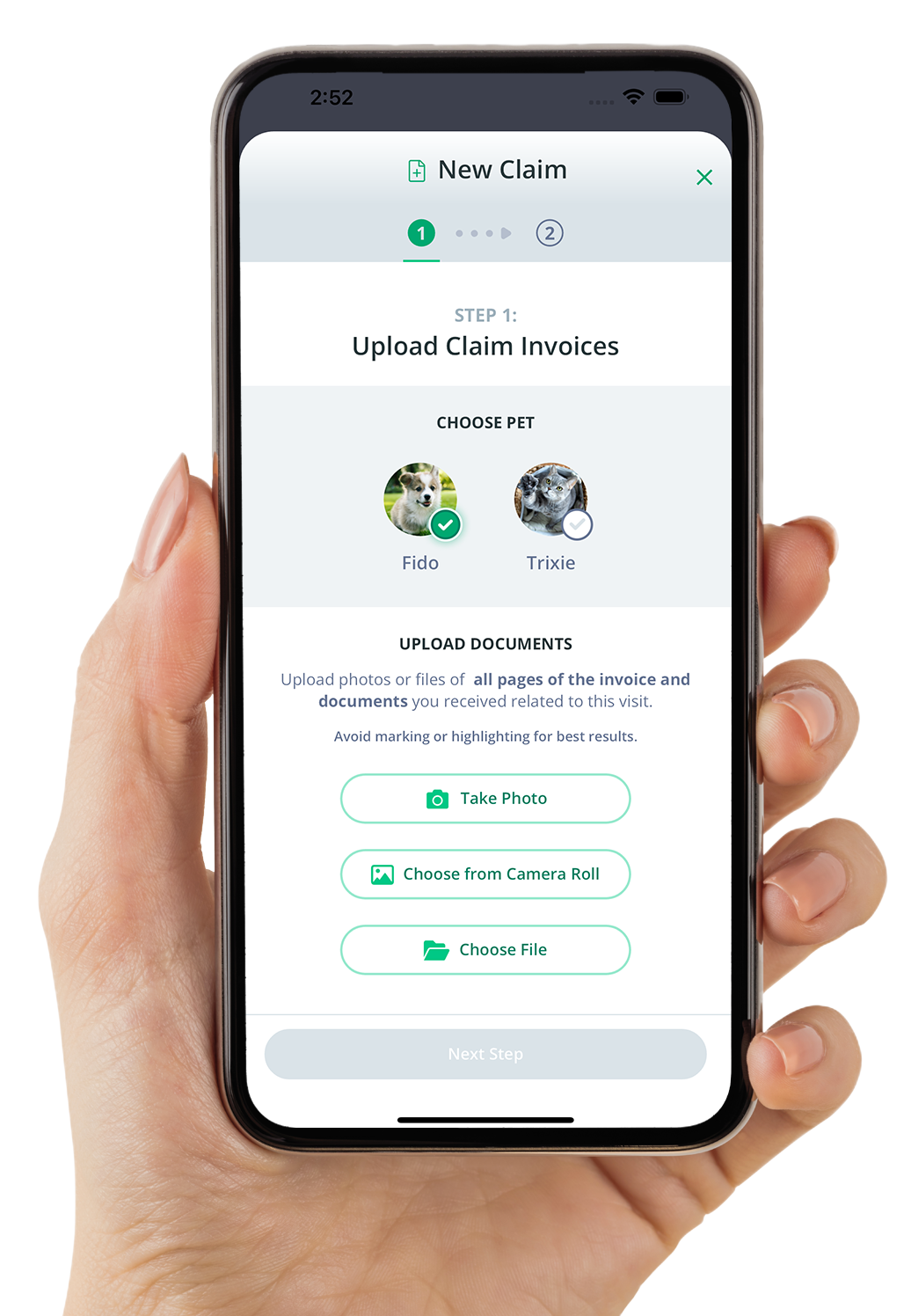 Mobile phone showing claim process on the Healthy Paws app Mobile phone showing claim process on the Healthy Paws app