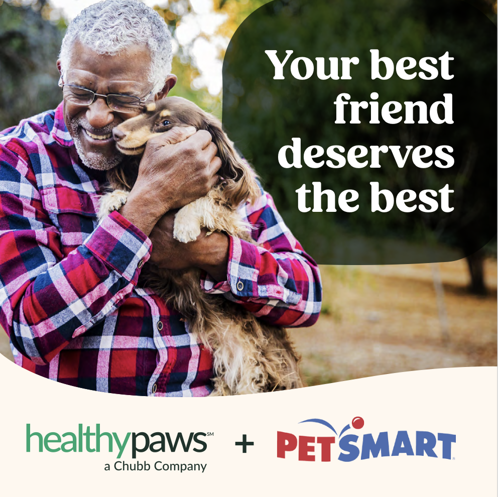 Petsmart Healthy Paws ad of man holding dog