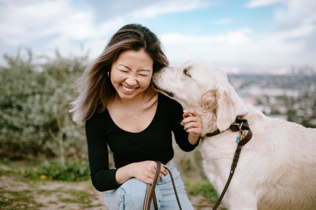 dog licking womans face